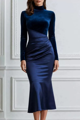 Satin High Neck Long Sleeve Ruched Dress
