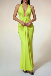 Ruched Maxi Dress In Neon Yellow
