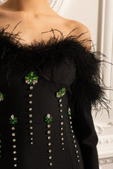 Sequin High Feather Adorned Maxi Dress - Black