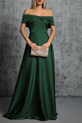 Green Satin Off Shoulder Twist Dress