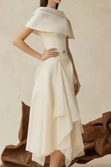 Cream Asymmetrical Off Shoulder Midi Gown