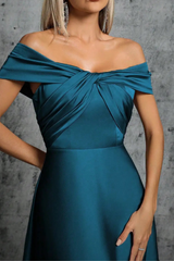 Blue Satin Off Shoulder Twist Dress