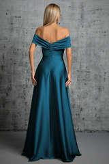 Blue Satin Off Shoulder Twist Dress