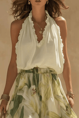 Ruffle Halter Top & Floral Maxi Skirt Matching Set