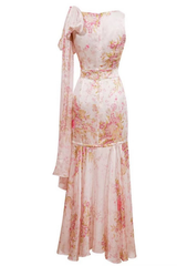 Pink Floral One-Shoulder Maxi Dress with Sash