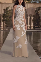 Halter Neck 3D Floral Lace Beige Maxi Dress