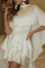 White Cape Sleeve Open Back Ruffle Mini Dress