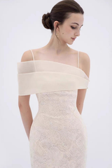 Asymmetrical Off Shoulder Strap Lace Midi Formal Dress