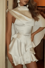 White Cape Sleeve Open Back Ruffle Mini Dress