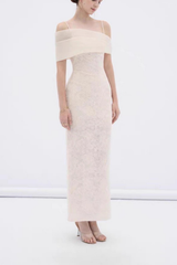 Asymmetrical Off Shoulder Strap Lace Midi Formal Dress