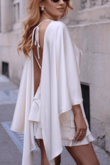 White Cape Sleeve Open Back Ruffle Mini Dress