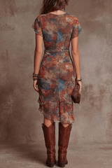 Ruched Waist Abstract Print Mesh Boho Midi Dress