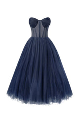 Navy Puffy Midi Dress