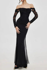 black Mesh Off-Shoulder Maxi Dress