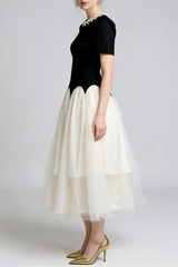 Black-White Rhinestone Neck Maxi Dress