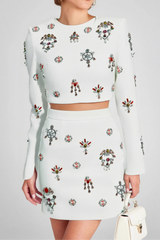 White Rhinestone Embellished Skirt Set