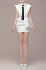 White Bowknot Mini Dress With Necktie
