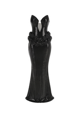 off-Shoulder Sequin Prom Maxi Dress in Black