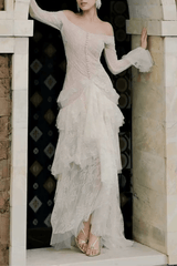 White Lace Off Shoulder Long Sleeve Ruffle Maxi Dress