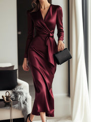 Timeless Satin Wrap Dress with Waist Tie Detail