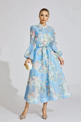 Blue Floral Printed Puff Sleeve Maxi Dress