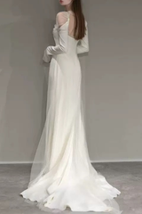 White Sheer Long Sleeve Train Maxi Dress
