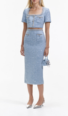 Blue Sequin Boucle Crop Top