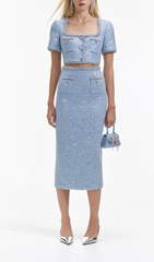 Blue Sequin Boucle Crop Top