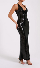 Rose Sequin Maxi Dress in Black