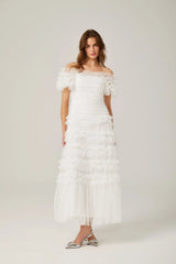 Ruffled Midi Dress in White