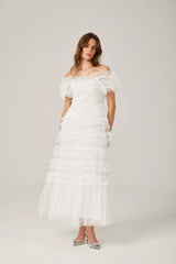 Ruffled Midi Dress in White