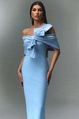 Blue One-Shoulder Bandage Satin Maxi Dress