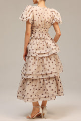 Beige Puff Sleeves Printed Top and Skirt Two-Piece Set