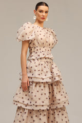 Beige Puff Sleeves Printed Top and Skirt Two-Piece Set