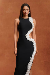 Black Sleeveless Hollow Out Flowers Bandage Maxi Dress