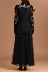 Black Long Sleeve Folds Lace Top And Skirt Two-Piece Set