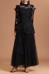 Black Long Sleeve Folds Lace Top And Skirt Two-Piece Set