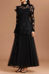 Black Long Sleeve Folds Lace Top And Skirt Two-Piece Set