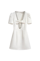 V-Neck Diamond Chain Mini Dress in Ivory