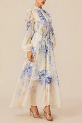 Blue Floral Print puff Sleeve Maxi Dress