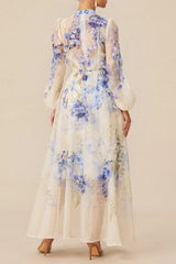 Blue Floral Print puff Sleeve Maxi Dress