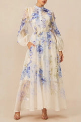 Blue Floral Print puff Sleeve Maxi Dress