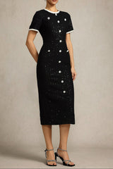 Round Neck Short Sleeves Sequin Maxi Dress in Black