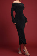 Contour One Shoulder Crystal Maxi Dress in Black