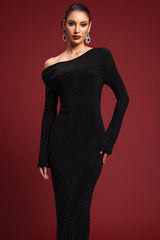 Contour One Shoulder Crystal Maxi Dress in Black