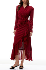 Red Ruffled High Knit Midi Dress
