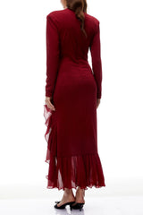 Red Ruffled High Knit Midi Dress