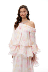 White Floral Print Ruffled Maxi Dress