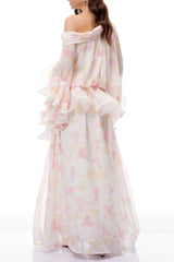 White Floral Print Ruffled Maxi Dress