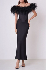 Feather Off Shoulder Maxi Dress In Black